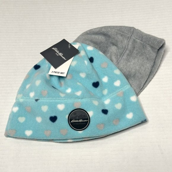 2 Eddie Bauer Quest Fleece Beanie Hats Kids Baby M/L Teal NWT Hearts Gray - Picture 1 of 8